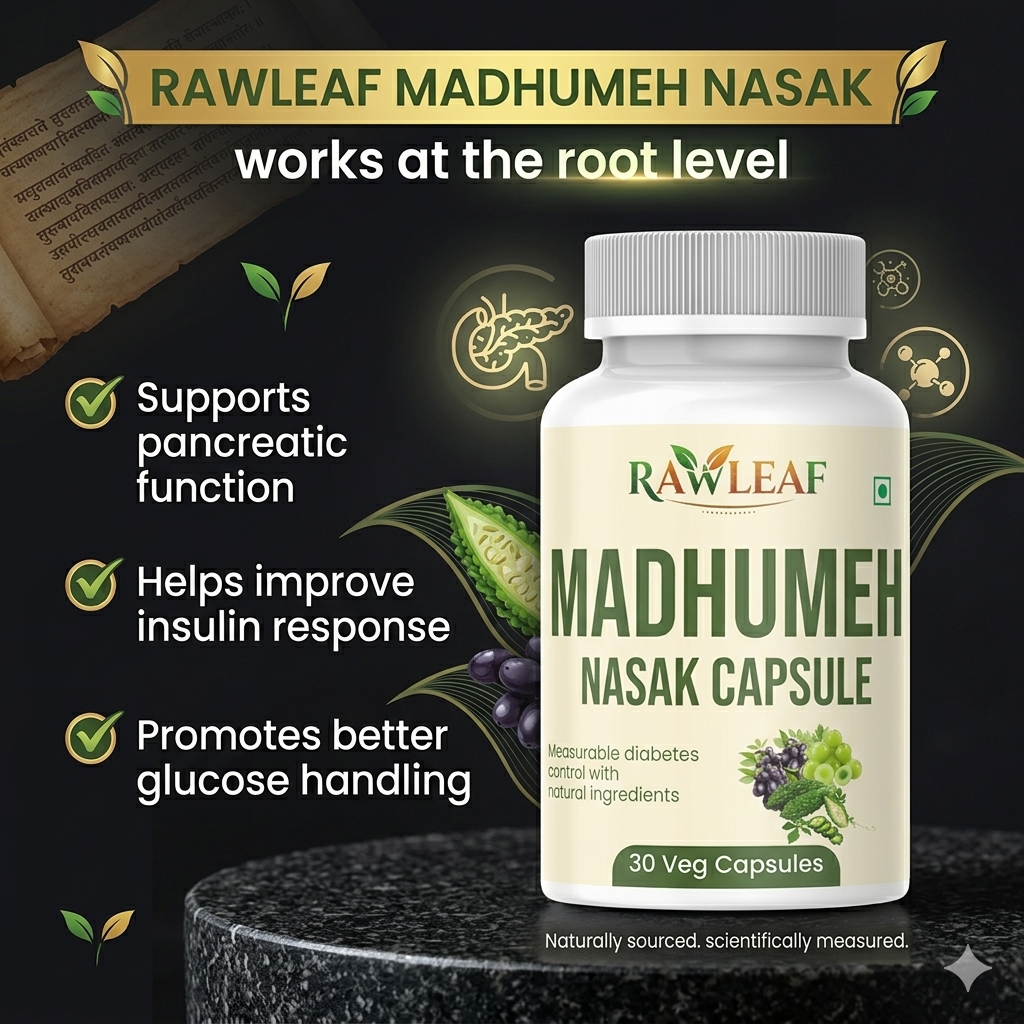 Rawleaf Madhumeh Nasak Capsules for Blood Sugar Support | Supports Pancreatic Function & Insulin Response | Ayurvedic Blend with Neem, Jamun, Gudmar, Karela | For Type 2 & Borderline Diabetes (30 Capsules)