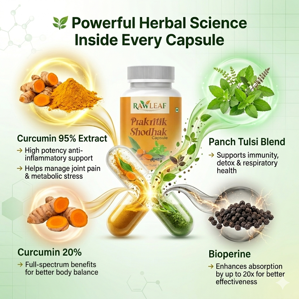 Rawleaf Prakritik Shodhak Capsule | Advanced Curcumin 95% + 20% | Panch Tulsi & Bioperine | Supports Diabetes Management, Joint Pain, Skin Health & Immunity | Natural Detox & Daily Wellness Supplement